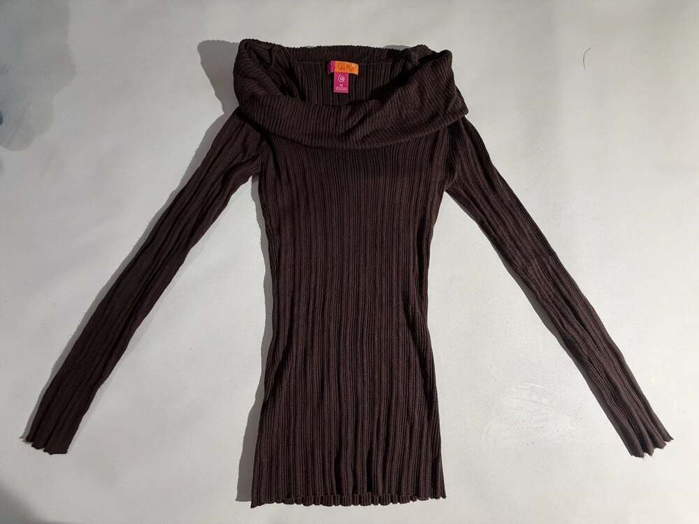 Catch My Brown Ribbed Turtleneck Top M Long Sleeve Fold Over Cowl Y2K